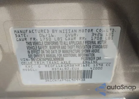 2016 Nissan Versa 1.6 Sv z USA, uszkodzony, nr VIN 3N1CN7AP9GL909938